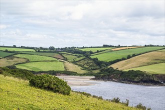 Fields and Farms over Mothecombe Beach, Mothecombe, River Emme and Red Cove, Plymouth, South Devon,