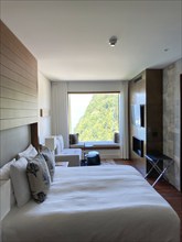 Hotel Room with Mountain View in a Sunny Summer Day in Burgenstock, Nidwalden, Switzerland, Europe