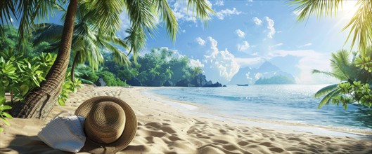 Beach scene with a straw hat, beach bag. Summer vacation, palm trees and ocean in the background,