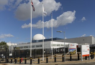 White dome PWR Pressurised Water Reactor EDF sign, nuclear power station, Sizewell B, Suffolk,