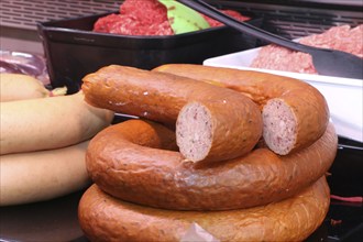 Sausage counter in a butcher's shop