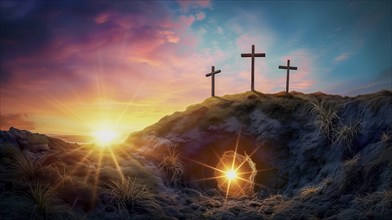 Easter concept three crosses on Golgotha Calvary hill against a dramatic sunset with open tomb of