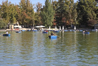 Rowing boats in boating pond of Estanque, El Retiro park, Madrid, Spain, Europe