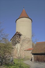 Digestion defence tower in the historic municipal building yard, round defence tower, Dinkelsbühl,