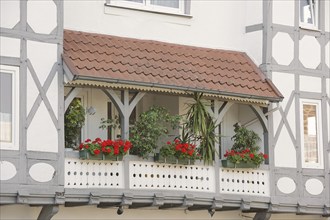 House facade with balcony, Lemgo, North Rhine-Westphalia, Germany, Europe