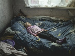 Angelina, 9 years old, on her bed. The village of Borshchivka was under Russian occupation. She has