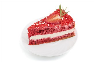 Homemade red velvet cake with milk cream and strawberry isolated on white background. side view,