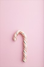 Single cane candy on pink pastel background. copy space, top view, flat lay