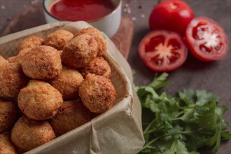 Chicken popcorn, deep fried, nuggets, close-up, rustic, no people