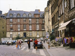 Street folk life in Rennes, Brittany, France, Western Europe. Scanned 6x6 slide, Europe