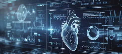 Hearth health cardiology concept with display that shows science research for heart diseases, AI