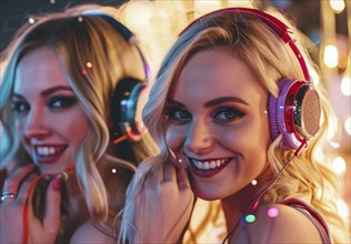 Sexy young ladies listening to modern hip hop and rap music in colorful headphones at party, AI