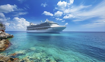 A large cruise ship is docked at the beach. The ship is white and is surrounded by a blue ocean.