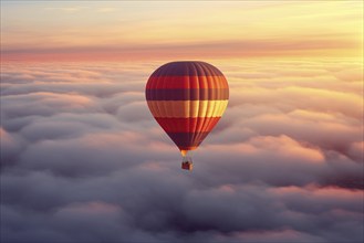 Colorful hot air balloon floats over a sea of clouds at sunset at sunset with orange and blue skies