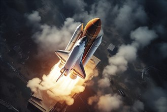 Aerial view of a rocket shuttle carrier launch at sunrise over an ocean coast. The rocket is