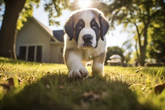 A curious cute Saint Bernard puppy with expressive eyes and floppy ears, exploring the outdoors on