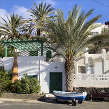 Small open fishing boat rowing boat on trailer under Canary Island date palm (Phoenix canariensis),