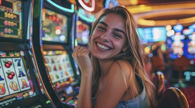 Attractive lady in casino betting her money in casino machines hoping for a win, AI generated