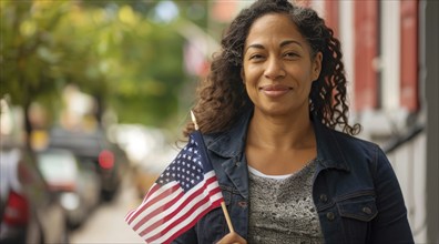 A patriot woman holding American USA flag and smiling while voting in local elections, AI generated