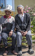 Two local elderly men on a bench, Issyk-Kul region, Kyrgyzstan, Asia