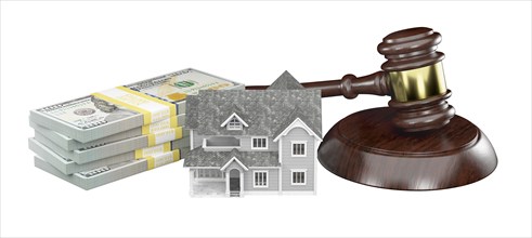 Miniature house with stack of money and wooden gavel isolated on a white background