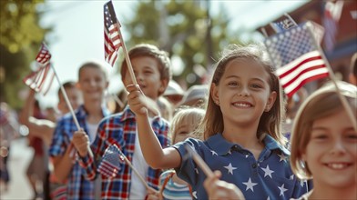 Friends and family celebrating the american holiday at the parade. generatvie AI, AI generated