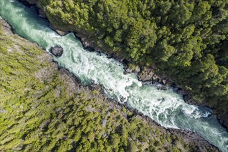 Futaleufu river flowing in a deep gorge, near viewpoint Mirador del Diablo, aerial view, Patagonia,