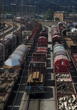 Train formation yard in the Vorhalle district, marshalling yard, goods trains, Hagen, Ruhr area,