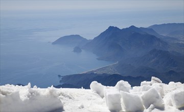 View of the Turkish Riviera from the snow-covered Tahtali Dagi, Turkey, Asia