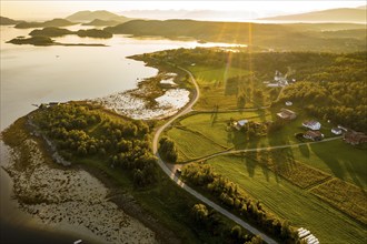 Aerial view over the fjord Efjord south of Narvik, seen at sunset, Norway, Europe