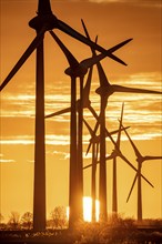 Wind farm near the East Frisian town of Norden, east of the town, sunset, Lower Saxony, Germany,