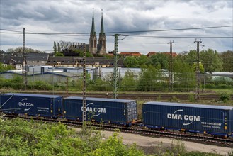 Railway line in Oberhausen, goods train, with freight containers, North Rhine-Westphalia, Germany,