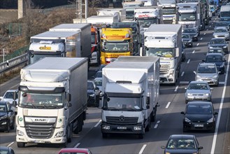 Traffic jam on the A3 motorway, at the Köln-Ost junction, heading south, four lanes jammed with