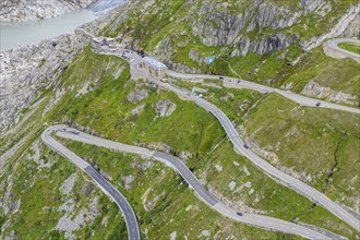 Aerial view of the Belvedere Hotel and the Furka Pass road, Obergoms, Canton of Valais, Swiss Alps,