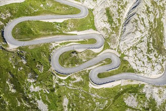 Historical road Tremola, mountain pass Sasso San Gotthardo, aerial view, Switzerland, Europe