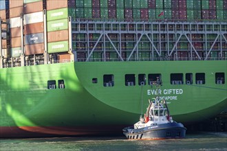 Container ship Ever Gifted, arriving at the port of Hamburg, Waltershofer Hafen, HHLA Container