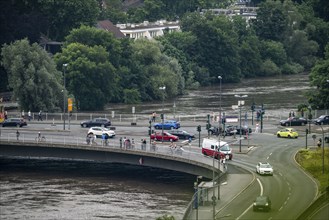 Ruhr bridge in Essen-Werden, water level just below the bridge, flood on the Ruhr, after long heavy