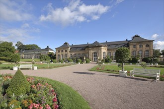 Baroque orangery, castle park, English garden, baroque garden, park bench, empty, flower bed,