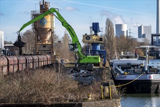 WHE Westthafen Wanne, coal for power plants is transferred from a Belgian cargo ship coming from