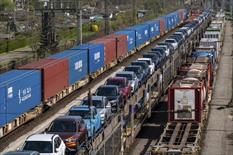 Duisburg-Rheinhausen freight station, at the Logport harbour area, goods trains loaded with new