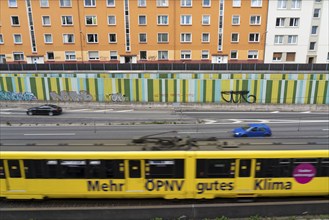 Motorway A40, Ruhrschnellweg, in the through road in Essen, noise barrier, tram, underground