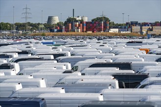 Car terminal in the inland port Logport I, in Duisburg on the Rhine, vehicle handling of new cars,