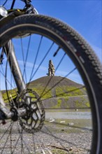 Cyclist on the Rheinelbe spoil tip in Gelsenkirchen, 100 metre high spoil tip, landscape park, with