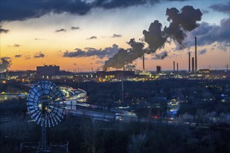 Skyline of the Duisburg steel site, Thyssenkrupp Steel Europe, in Duisburg-Bruckhausen, sunset,