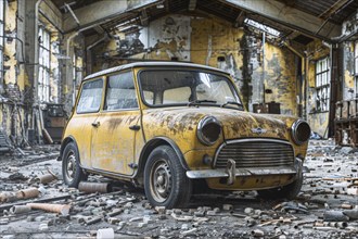 An old, weathered and dusty British vintage car, wreck, of the Mini Cooper type from the 1960s