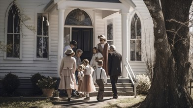 Several young and older people arriving at A neighborhood church for services, generative AI, AI