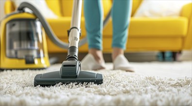 A woman is vacuuming a carpet in a living room. Apartment cleaning service, AI generated