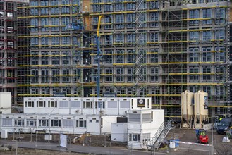 Large construction site, scaffolded shell of an office building complex, O-Werk Campus in Bochum,