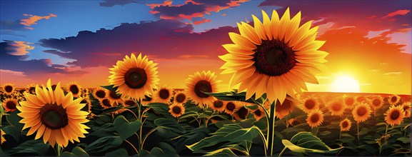 Abstract illustration of a field of sunflowers backlight with beautiful sunrise, AI generated