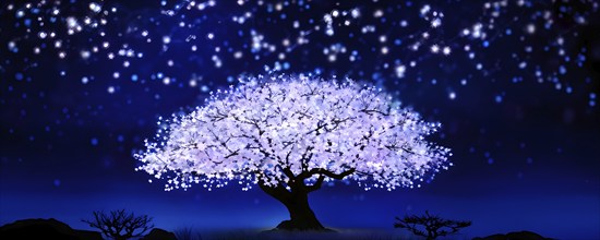 Sakura tree blossoming with pink petals and branches reaching towards a star studded night sky, AI